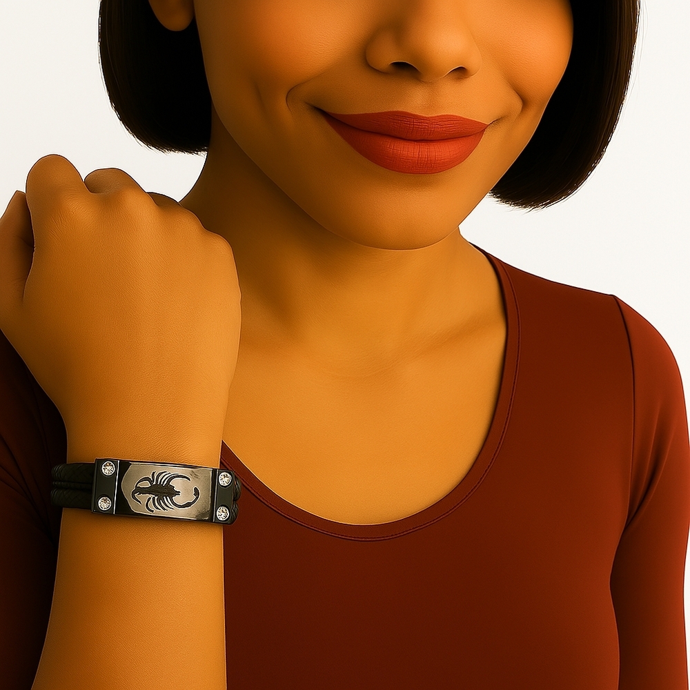 Scorpion Design Silver tone Black Leather Breaded Bracelet - Women's Jewelry